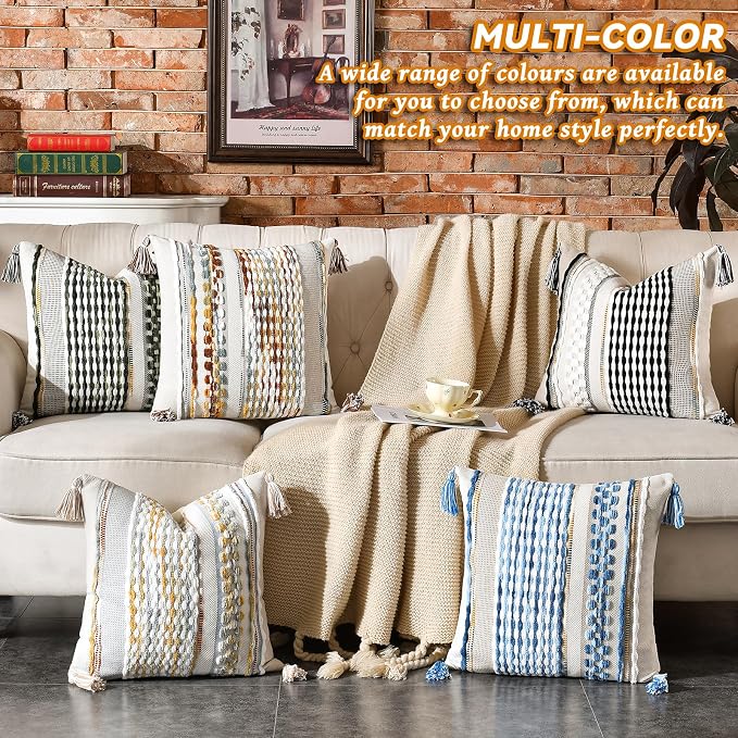 Set of 2 Chenille Striped Textured Boho Throw Pillow Covers Aesthetic with Tassels Woven Decorative Pillow Case for Couch Bed Sofa Bedroom Modern Funky 18 x 18-Inch Sage Green