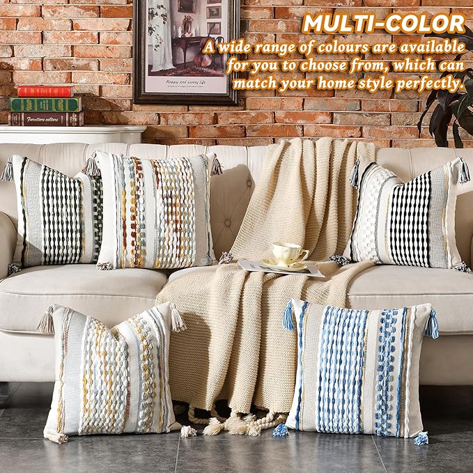 Chenille Striped Textured Boho Throw Pillow Covers Aesthetic with Tassels Woven Decorative Pillow Case for Couch Bed Sofa Bedroom Modern Funky 18 x 18-Inch Black