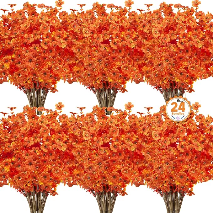 24 Pcs Artificial Fall Flowers for Outdoors, Bright Orange | Lifelike faux mums, silk flower, UV resistant, no-maintenance, for autumn Thanksgiving garden porch yard indoor outdoor decor