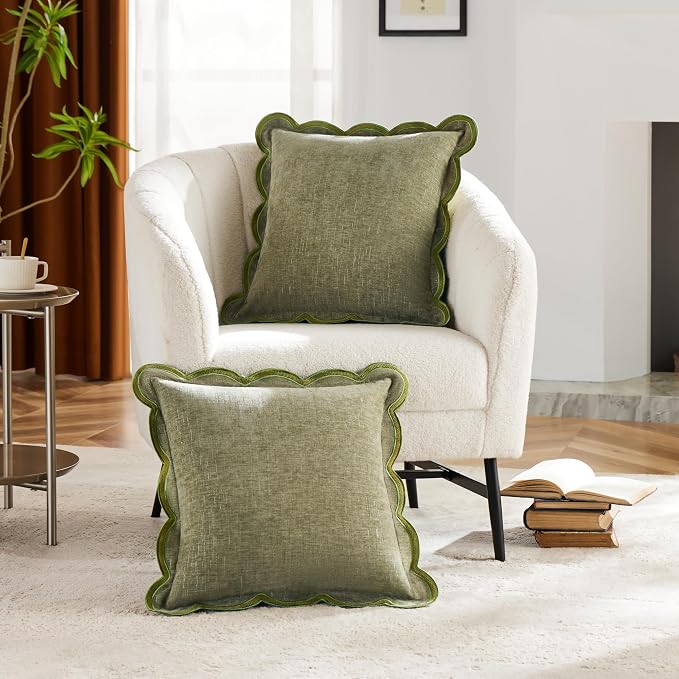 Ohocut Sage Green Scalloped Pillow Cover Pack of 2 Spring Chenille Decorative Throw Pillow Covers 18x18 Cute Boho Couch Pillow Covers Aesthetic Funky Preppy Pillow Cases for Sofa Living Room