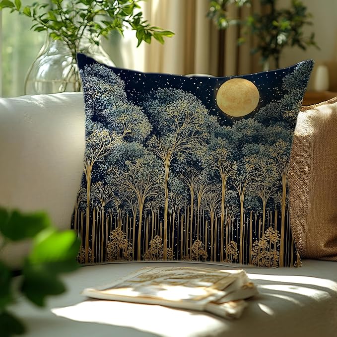 Rustic William Morris Night Forest Green Moon Decor Pillow Covers 18x18,Vintage Botanical Nature Landscape Decorative Throw Pillow Covers for Home Bedroom Living Room