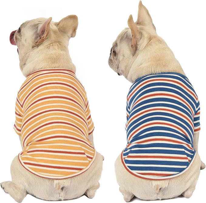 Dog Shirts Cotton Striped T-Shirt, Summer Pet Clothes for Small Dogs, 2-Pack Soft Puppy Apparel Cat Tee, Breathable Stretchy, Blue Yellow XL
