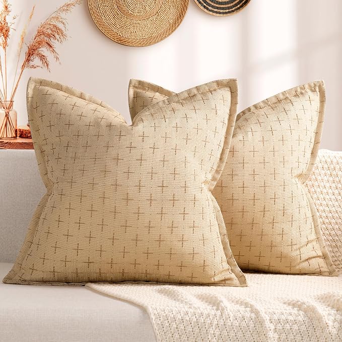 Pillow Covers 18x18 Set of 2 Soft Polyester Textured Pillow Covers with Stylish Flange Edge Cozy Farmhouse Throw Pillows for Couch Bed Sofa Living Room