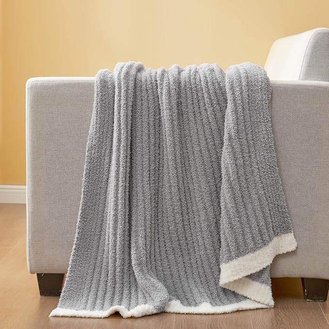 Snuggle Sac Soft Grey Throw Blanket for Couch, Microfiber Fluffy Knit Throws, Luxurious Fuzzy Blankets for Couch, Sofa, Travel, Grey, 50x60 inches