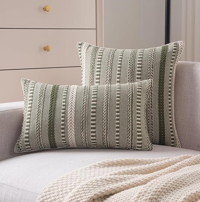 Cethom Boho Throw Pillow Covers 12x20 Inch Set of 2, Farmhouse Decorative Couch Pillow Cases, Green Accent Pillows of Bed, Sofa Bedroom Living Room Home Decor Cushion Cover