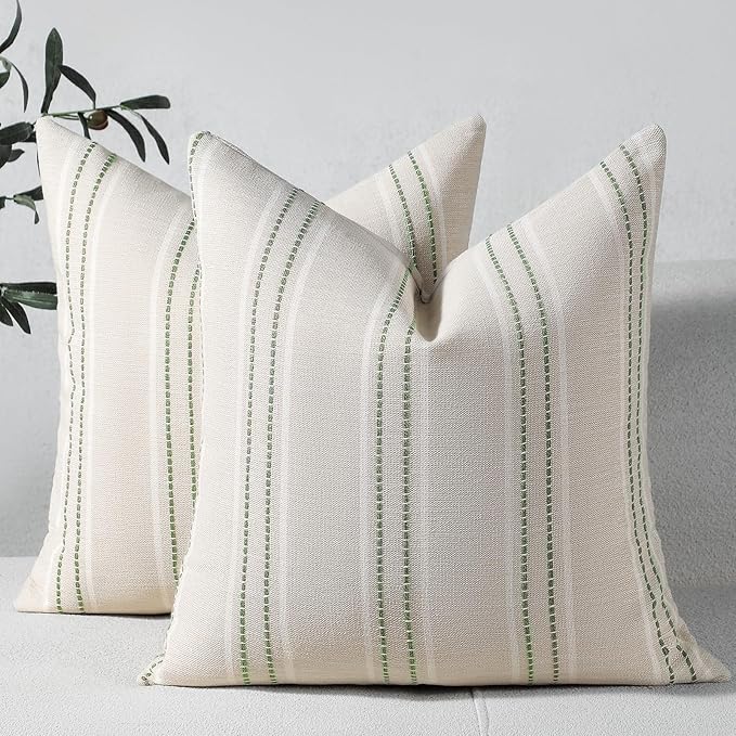 Hckot Sage Green Throw Pillow Covers 22x22 Set of 2 Striped Pillow Covers Spring Decorative Pillows Square Cushion Covers for Sofa Couch Bed Living Room Farmhouse Decor,Green
