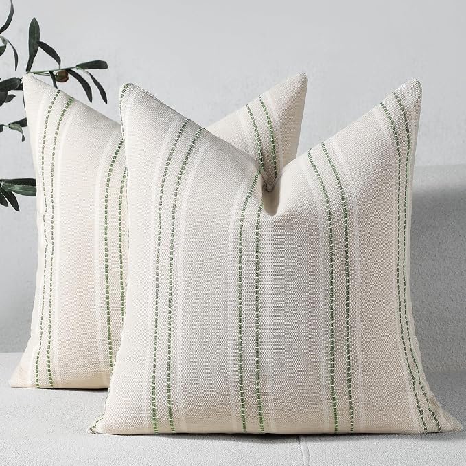 Hckot Spring Throw Pillow Covers 24x24 Set of 2 Striped Pillow Covers Textured Linen Decorative Pillows Square Cushion Covers for Sofa Couch Bed Living Room Farmhouse Decor, Sage Green