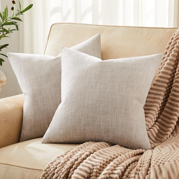 Rustic Linen Throw Pillow Covers Set of 2, Taupe 24x24in | Textured Pillow Case, Rustic Cotton Linen Fabric, Modern Farmhouse Cushion Covers for Sofa Bed Living Room Home Decor