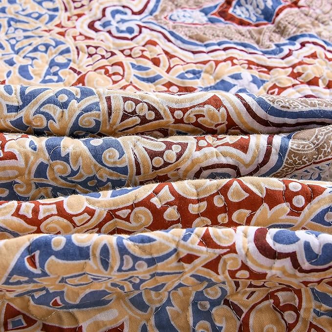 Exclusivo Mezcla Reversible Boho Quilted Throw Blanket, 50"x 60" | Lightweight Summer Quilt Throw, Designed for Bed/ Couch/ Sofa, Burnt Orange Striped Pattern