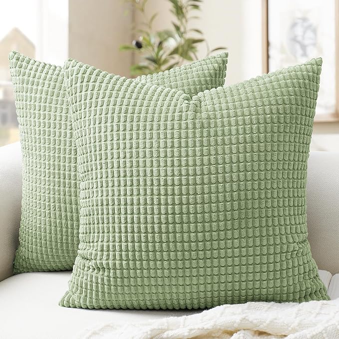 Softalker Corduroy Decorative Throw Pillow Covers 20x20, 2 Pack, Sage Green | Soft Boho Striped Pillow Cases, Couch Fluffy Cushion Covers for Farmhouse Home Decor Bed Living Room