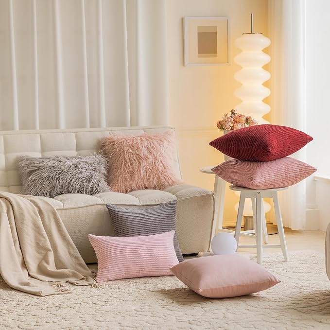 Home Brilliant 12x20 Pillow Cover Soft Pink Throw Pillow Cover for Lumbar Striped Corduroy Solid Oblong Pillowcases for Sofa, 12 x 20, Blush Pink