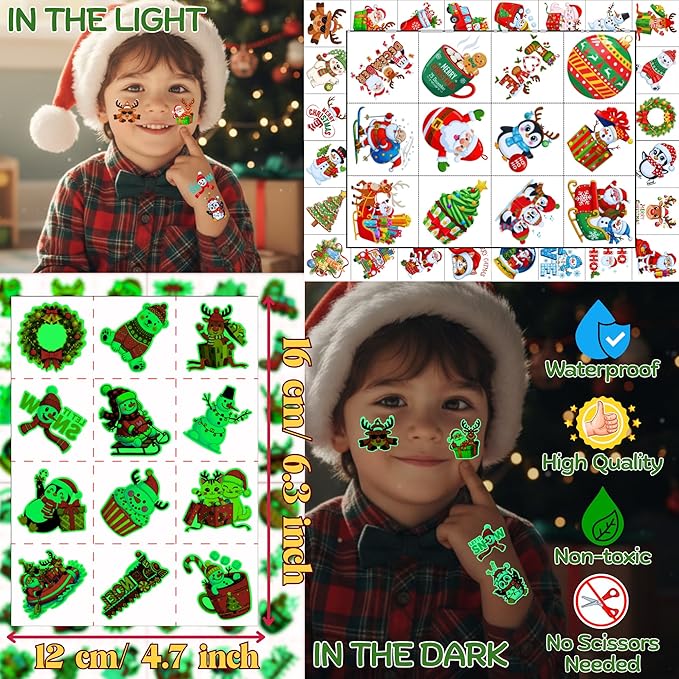 Luminous Christmas Temporary Tattoos - 60Pcs Christmas Decorations Xmas Party Decorations Party Favors Supplies Accessories Goodie Bags Decor Winter Reindeer Santa Claus Gift Idea For Kids Youth Adult