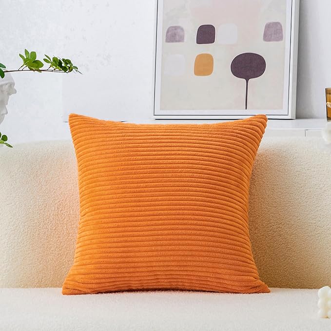 Home Brilliant Orange Pillow Cover 18x18 Decorations Fall Accent Pillow Case Striped Corduroy Soft Plush Velvet Rust Throw Pillow Cover for Couch, Orange, 18 x 18 inches
