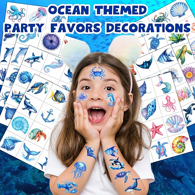 96 PCS Ocean Animals Pre–Cut Temporary Tattoos for Kids, Underwater Sea Creature Tattoos for Birthday Party Supplies Under The Sea Turtle Tattoo Stickers for Kids Boys Girls Party Bag Filler