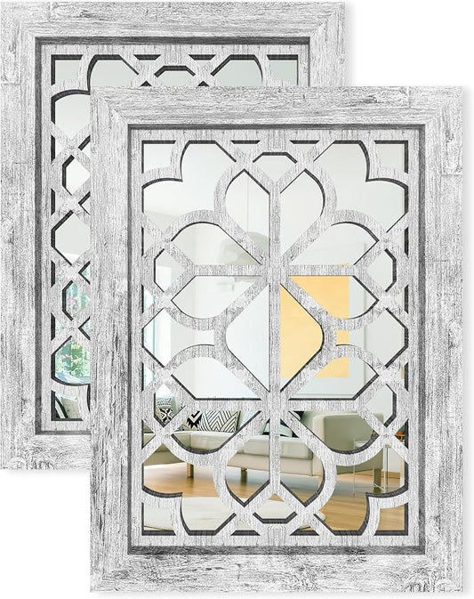 Set of 2 13x17 Inch Rectangular Shatterproof Decorative Wall Mirrors, Boho Farmhouse Rustic Vintage Grey Accent Mirrors for Living Room, Bedroom, Entryway & Home Wall Decor（Grey）