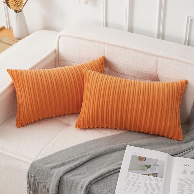 UGASA Fall Decorative Soft Velvet Stripe Lumbar Pillow Covers Set of 2 Solid Corduroy Textured Euro Oblong Cushion Cases for Couch Bedroom Sofa Farmhouse, 12x20 Inch, Orange