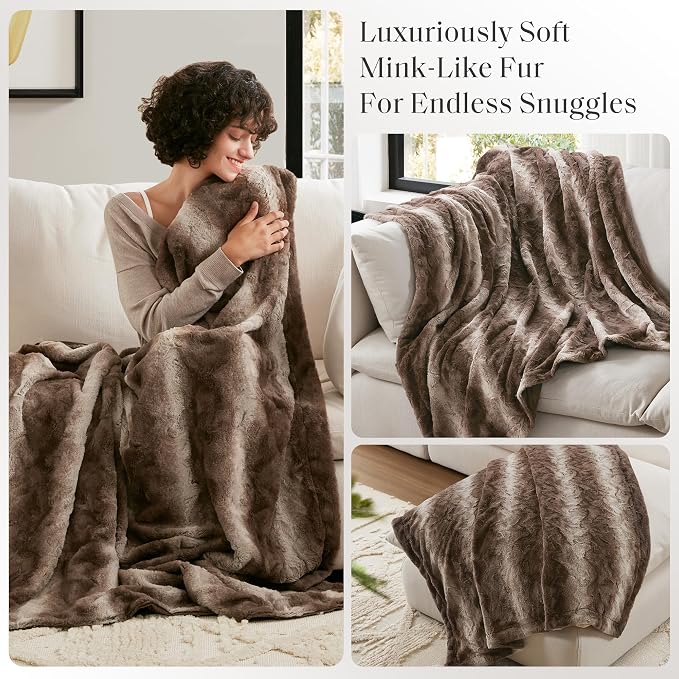Madison Park Zuri Faux Fur Reversible Throw Blanket, 50 x 60 in, Brown | Soft Plush, Luxury, Animal Stripes, Mink Reverse, Modern, All Season, for Bed Sofa Couch, OEKO-TEX Certified