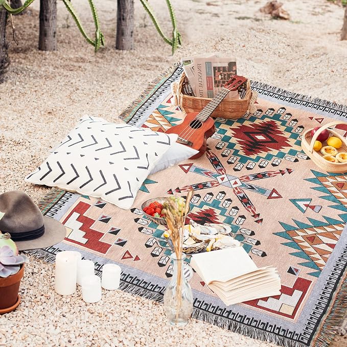 Native American Blanket Boho Throw Blanket for Sofa and Bed, Mexican Decorative Farmhouse Blanket, Southwest Decor Woven Blankets, Aztec Throw Blankets Bohemian with Tassel(Brown,50×60 inch)