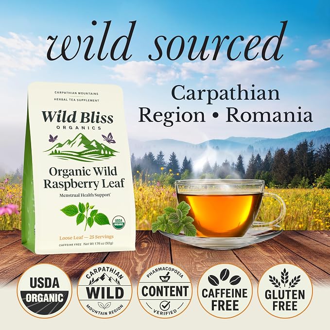 Wild Bliss Organic Red Raspberry Leaf Tea for Pregnancy and Menstrual Support - Loose Leaf Herbal Tea - 1.76 Oz - 25 Servings