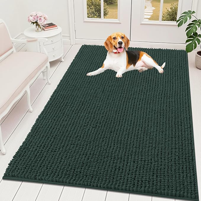 OLANLY Dog Door Mat for Muddy Paws 59x35, Extra Absorbent Chenille Mud Mat | Blackish Green, Absorbs Moisture and Dirt, Non-Slip Machine Washable Doormat, Quick-Drying Indoor Entryway Floor Mat for Dogs