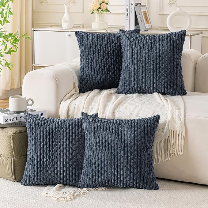 Set of 4 Grey Blue Decorative Throw Pillow Covers 24x24 Inch Corduroy Pillow Covers for Bed Couch Sofa Living Room Soft Square Cushion Cases