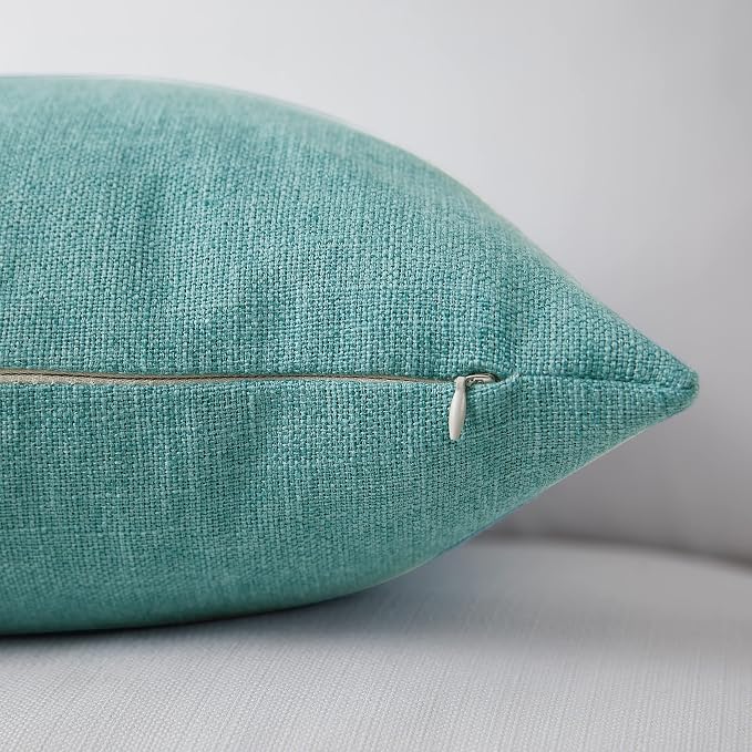Meekio Set of 2 Turquoise Pillow Covers 20 x 20 Inch Farmhouse Boho Decorative Throw Pillow Covers Linen Cushion Covers for Sofa Couch Décor
