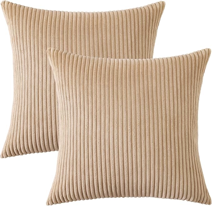 Mecatny Corduroy Fall Decorative Throw Pillow Covers 22x22 Set of 2 Khaki | Soft Striped Texture, Hidden Zipper Design, Neutral Boho Square Pillow Cases for Sofa Couch Living Room Bedroom, Home Décor