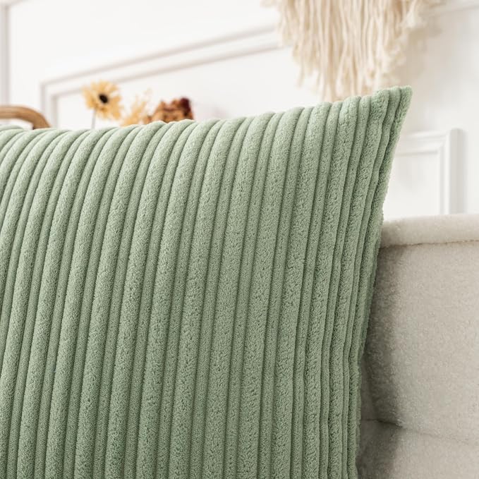 UGASA 14x20 Inch Pillow Cover Pack of 1 Soft Boho Stripe Corduroy Long Rectangular Lumbar Cushion Cover Farmhouse Decorative Throw Pillowcase for Bed, Couch, Sofa, Bedroom, Living Room, Sage Green