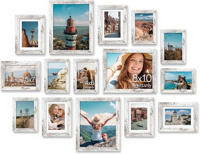 Vittanly 15 Pack Picture Frames Collage Wall Decor, Wall/Tabletop Display | Distressed White, Multi-Size Gallery Wall Frame Set: 3pcs 8x10, 6pcs 5x7, 6pcs 4x6. Picture Frame Set for Family