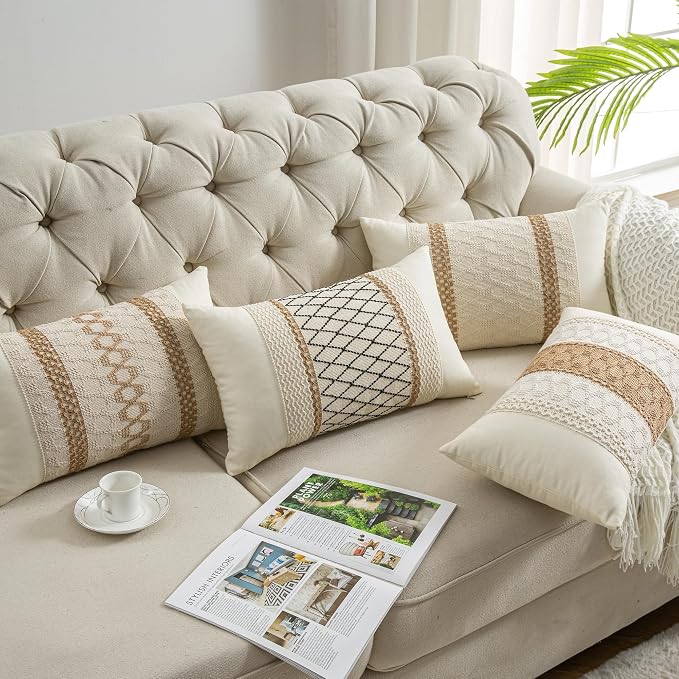Lumbar Throw Pillow Covers Set of 1 (Beige & Black, 12x20 Inch) | Linen Cotton Soft Cozy, Decorative Sofa Couch Pillow Cases, Textured Woven Single Striped, Boho Sytle for Living Room