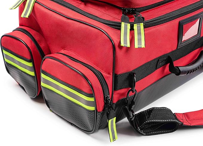 Scherber Fully Stocked First Responder Ultimate Professional EMT/EMS Trauma Kit | HSA/FSA Approved | w/10+ Compartments, Zippered Pockets, Dividers, Oxygen Access & 260+ First Aid Supplies (Red)