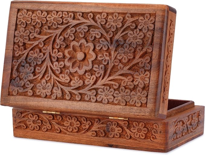Ajuny Wooden Jewelry Box Hand Carved Flower Keepsake Chest - 8x5 Inch | Multipurpose organizer for necklaces, watches, rings and accessories; elegant birthday, wedding or anniversary present.