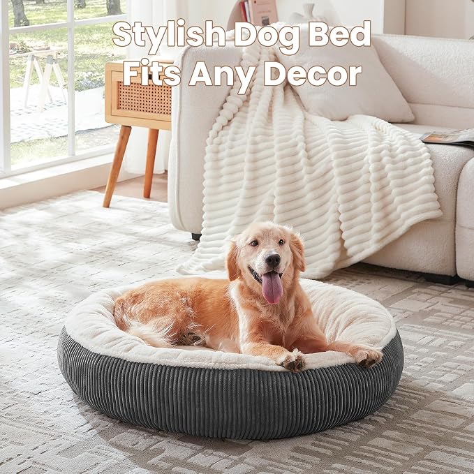 36 inches Calming Donut Dog Bed for Large Dogs,Dark Grey | Round Pet Bed with Removable&Washable Cover,Plush Faux Fur & Corduroy, Fits Pets up to 80 lbs