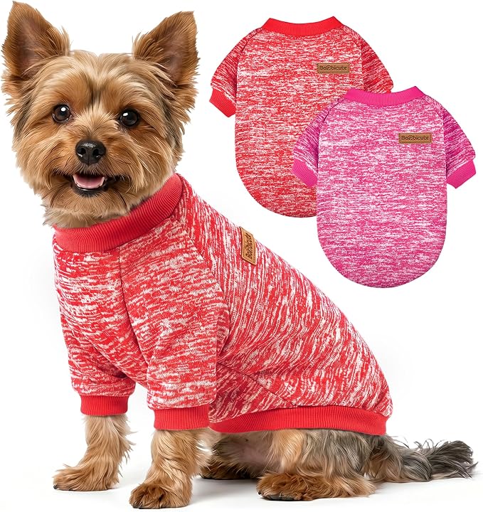 2 Pack Dog Sweaters for Small Dogs Girl Boy Winter Fleece Clothes Warm Soft Dog Sweatshirt Outfit for Dogs Cats Pet Apparel (Rose+Red, XS (Back: 9.8",Chest: 13.7", 3.5-5.5lbs))