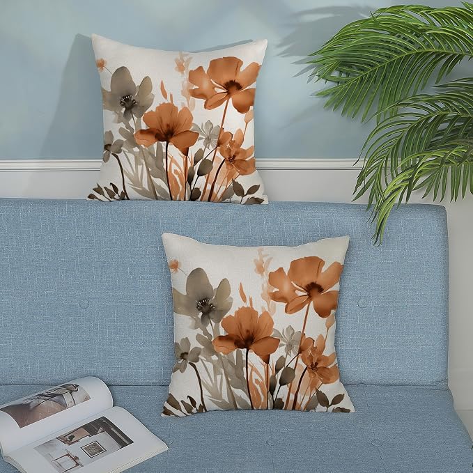 Floral Pillow Covers 18x18 Inches Set of 2 Brown Orange Floral Throw Pillow Covers Outdoor Rustic Orange Flower Decoration Pillowcase Farmhouse Decorative Linen Cushion Cover For Home Sofa Couch