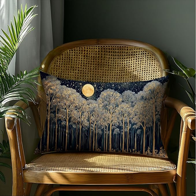 Rustic Dark William Morris Night Forest Moon Decor Pillow Covers 20x12,Vintage Gold Botanical Nature Landscape Decorative Throw Pillow Covers for Home Bedroom Living Room