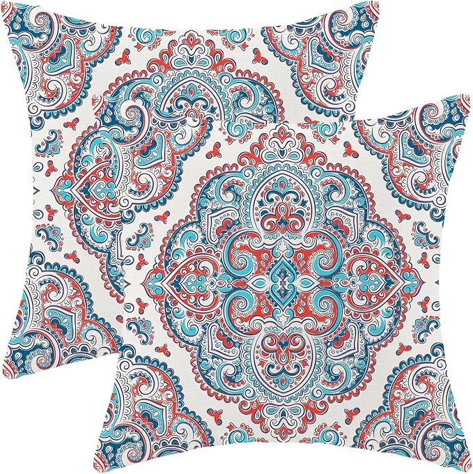 Aqua Teal Boho Pillow Covers 18x18 Inch Set of 2,Burnt Orange Carpet Pattern Throw Pillows Case,Ethnic Design Retro Outdoor Decorative Square Linen Farmhouse Decor Cushion Covers for Sofa Couch