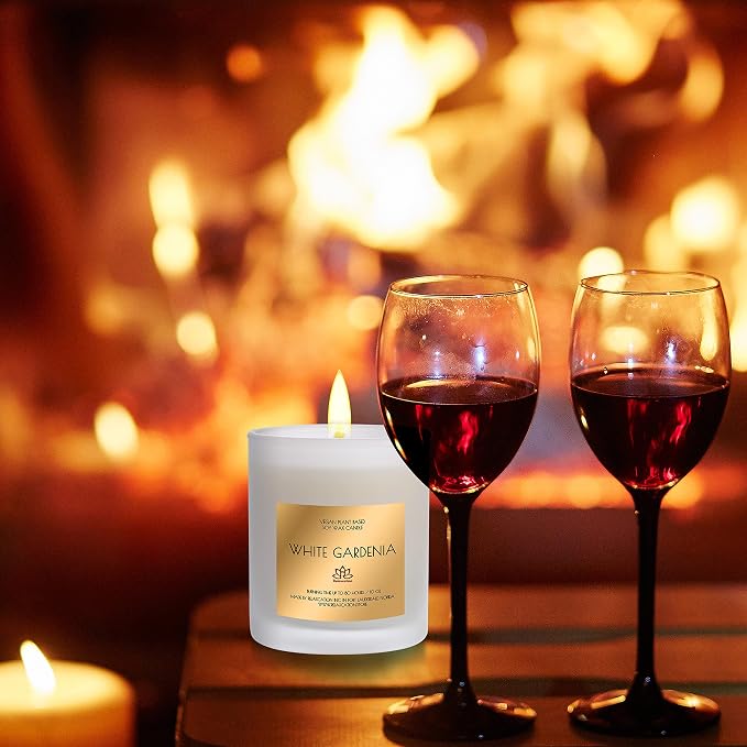 Natural Soy Wax Candle in Glass Jar | Luxury White Gardenia Scented Soy Candles with Embeds | Delicate and Floral Aroma| Long Burning 80 Hours Aromatherapy | Giftable Box | 10oz