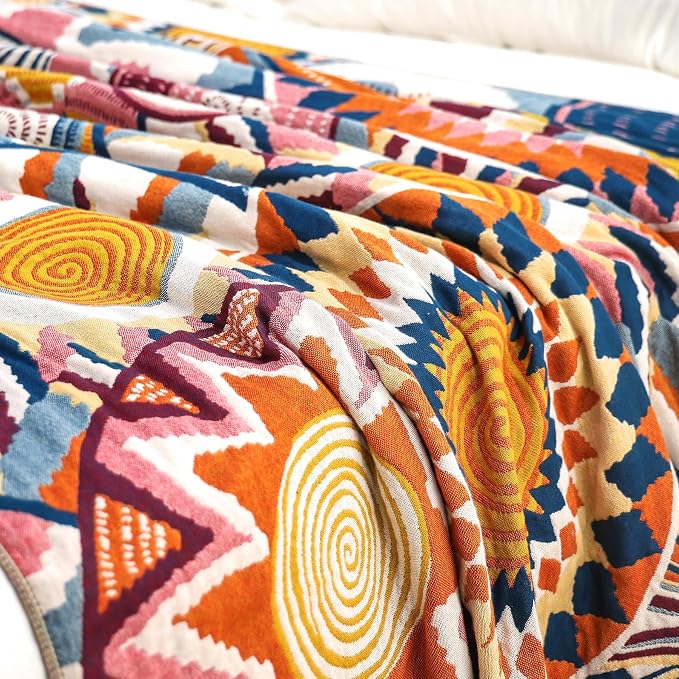 VANJOROY Boho Throw Blanket, 100% Organic Muslin Cotton Skin-friendly Breathable Ultra Soft Bed Quilt Throw - All Season Bohemian Decor Luxury Colorful Blanket for Sofa Couch Chair and Gift. 50" x 60"