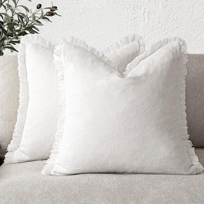 Foindtower Set of 2 Decorative Linen Fringe Throw Pillow Covers Cozy Boho Farmhouse Cushion Cover with Tassels Soft Accent Pillowcase for Couch Sofa Bed Living Room Home Decor,16×16 Inch,White