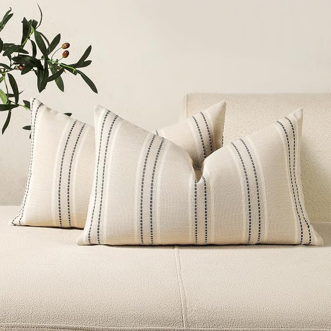 Hckot Hand Made Throw Pillow Covers 12x20 Set of 2 Striped Pillow Covers Textured Linen Decorative Pillows Lumbar Cushion Covers for Sofa Couch Bed Living Room Farmhouse Decor, Grey
