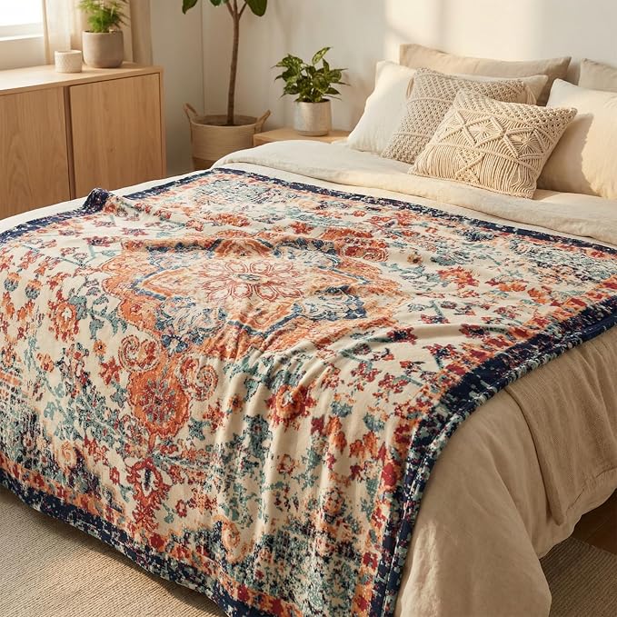 Horaldaily Boho Bohemia Vintage Rustic Flannel Throw Blanket 50x60 | All Season Using Ultra Soft Fuzzy Plush Cozy Non-shedding Blanket for Couch Sofa Bed Camping, Ideal Gift for Kids Adults