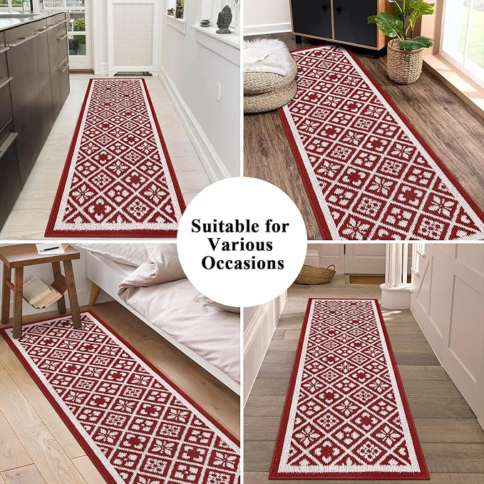 Ileading Christmas Hallway Runner Rug 2x6ft, Durable Xmas Welcome Indoor Doormat Mat Non Slip Kitchen Floor Mats with Rubber Backing, Machine Washable Red Winter Holiday Decor Entryway Carpet