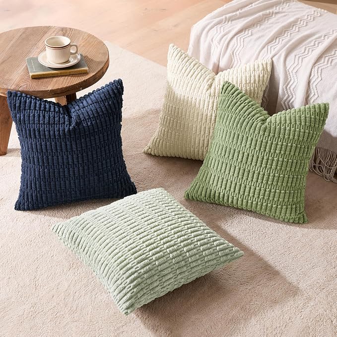MIULEE Set of 4 Soft Corduroy Throw Pillow Covers Green Blue 18x18 Inch | Modern Farmhouse Boho Decorative pillows,Accent Cushion Covers for Couch,Sofa,Bedroom