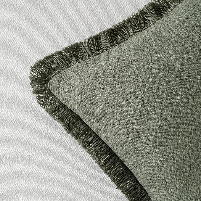 MIULEE Linen Decorative Euro Throw Pillow Covers Light Olive Green 26x26 | Set of 2, Cottagecore Decor, Boho Farmhouse Neutral Pillow Covers, Rustic Fringe Couch Cushions for Sofa Bed Living Room