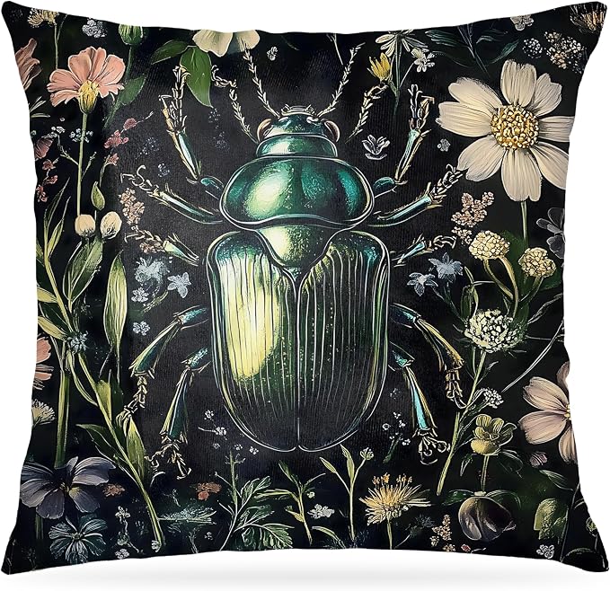 William Morris Inspired Floral Green Beetle Pillow Covers 18x18, Dark Cottagecore Botanical Wildflower Insect Decorative Throw Pillow Covers for Bedroom Living Room Home, Cottagecore Room Decor