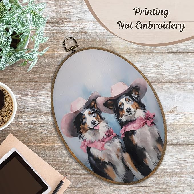 LKETW Vintage Western Australian Shepherd Oval Wall Art Decor, Pink Cowgirl Aussie Dog Oval Canvas Hanging Decor, Australian Shepherd Gifts Wall Decorations for Girly Bedroom Room Home, 8.6x11.4 Inch