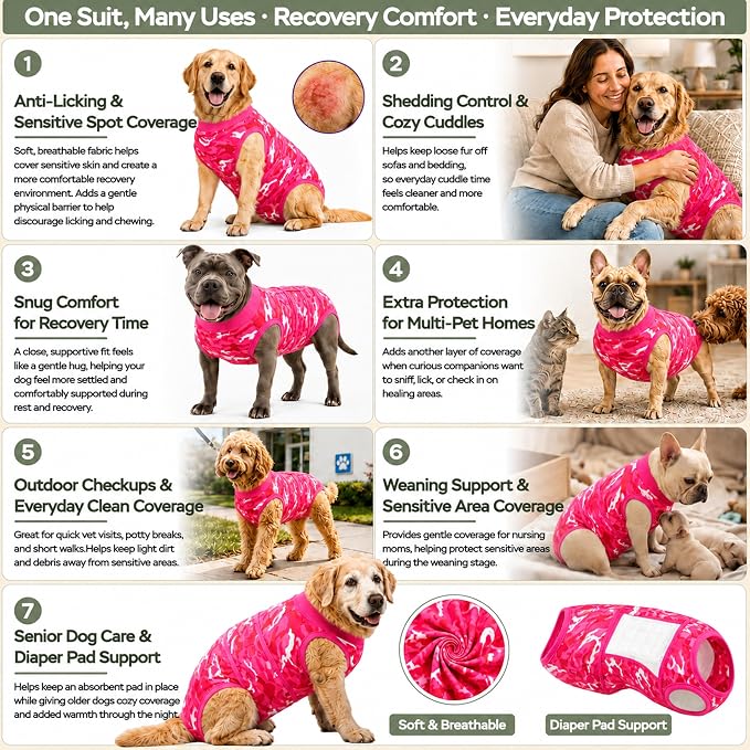 PetWarm Dog Surgical Suit, Anti-Licking Pet Surgical Recovery Onesies Suit Surgery Suit for Dogs, Professional Pet Recovery Shirt Dog Abdominal Wounds Bandages, Camouflage Pattern, Pink, 2XL