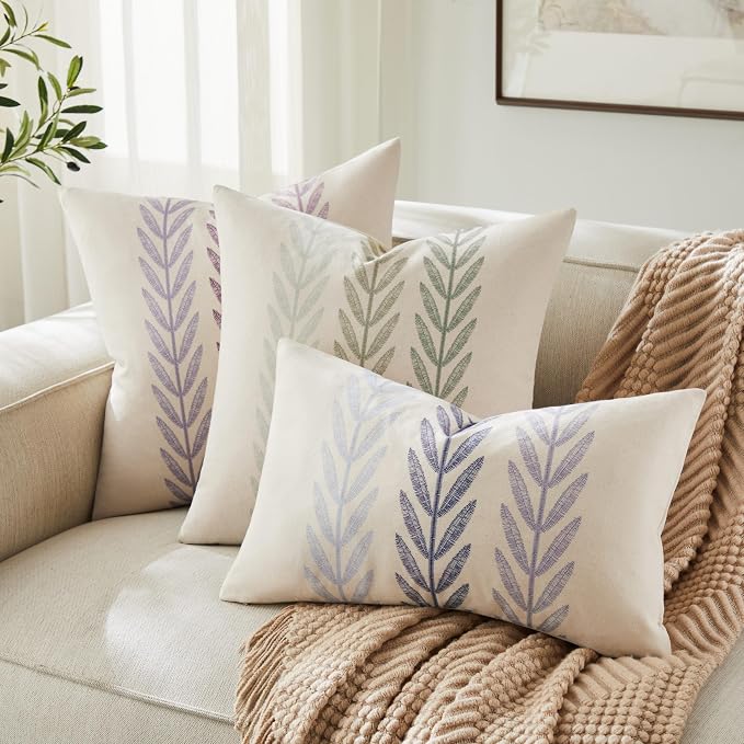 Farmhouse Leaves Throw Pillow Covers Set of 2, 20x20in Mixed Blue | 100% Organic Cotton, Rustic Accent Print Pillow Case, Pastoral Decorative Cushion Covers for Sofa Bed Living Room Home Decor