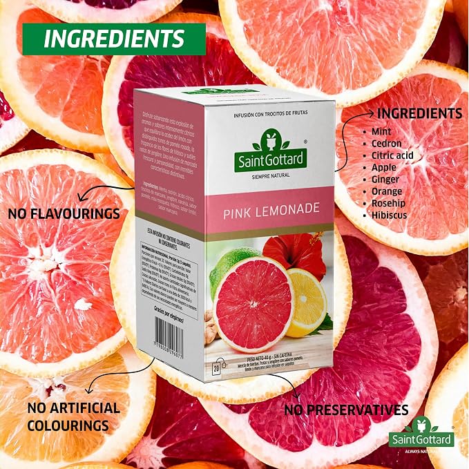 Pink Lemonade Saint Gottard Premium Herbal Tea – Natural Botanical Blend for Cleanse & Digestive Support – 40 Tea Bags – Naturally Low in Caffeine – Pure Herbs, Hot or Iced, Sweet